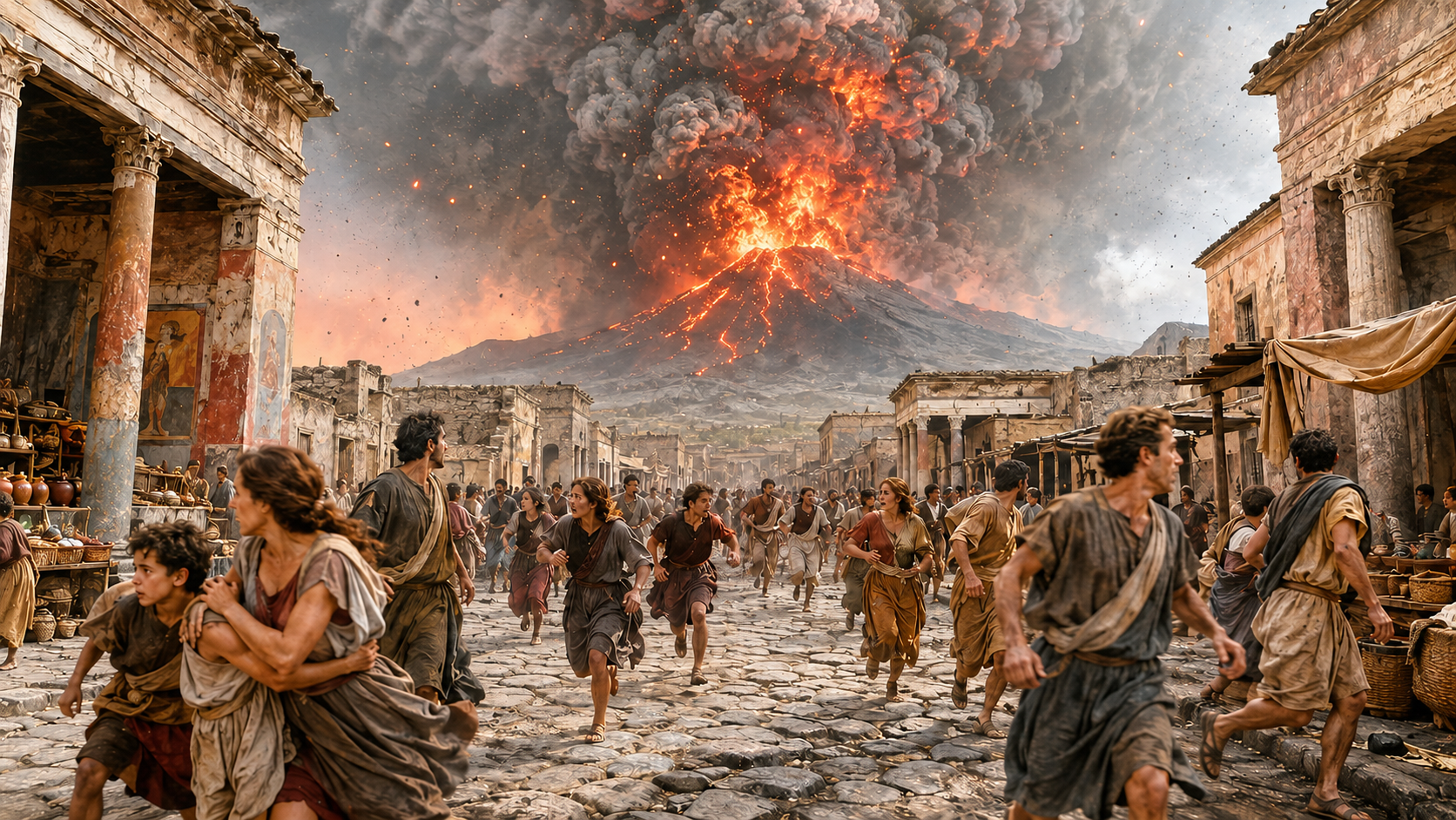 Mount Vesuvius erupting as people flee through the streets of Pompeii